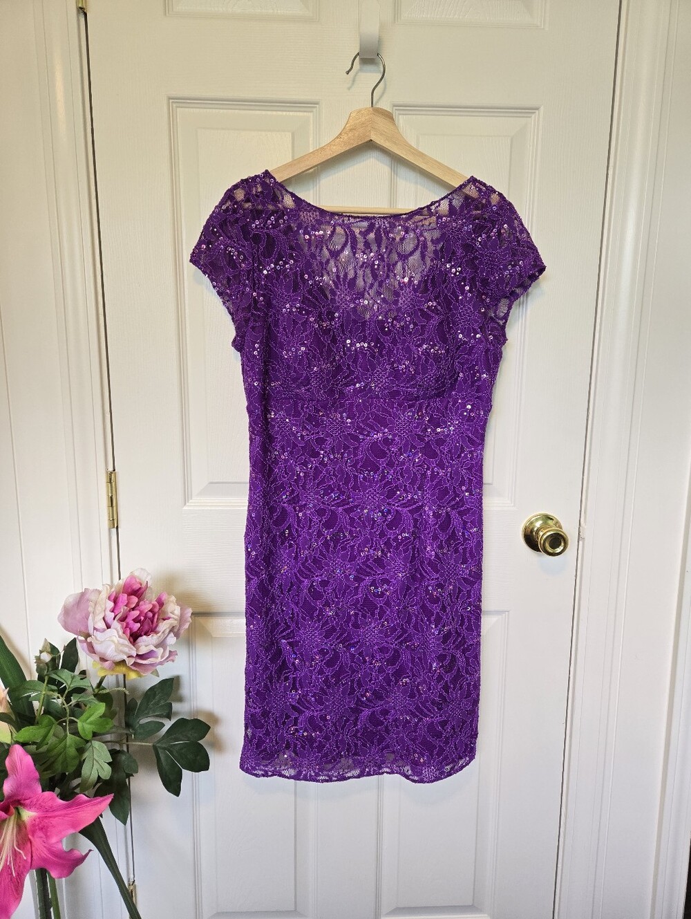 Hailey by Adrianna Papell Purple Lace Embellished Sheath Dress Sz 10